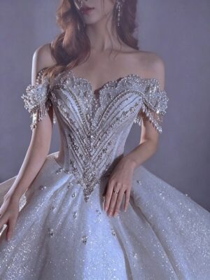 Ivory Off Shoulder Tassel Rhinestone Sparkly Tulle Ball Gown Wedding Dress