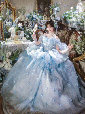 Fairy Light Blue Floral Sweet 16 Dress Off Shoulder Quince Gown