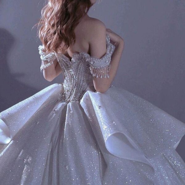 Ivory Off Shoulder Tassel Rhinestone Sparkly Tulle Ball Gown Wedding Dress
