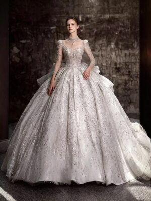 High Neck Illusion Deep V Long Sleeve Full Rhinestone Glitter Tulle Ball Gown Wedding Dress With Side Big Bow Bridal Gown