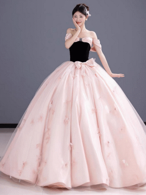 Sweet 16 Dress Black Bodice Pink Floral Ball Gown Elegant Off Shoulder Birthday Quince Dress