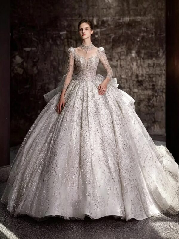 High Neck Illusion Deep V Long Sleeve Full Rhinestone Glitter Tulle Ball Gown Wedding Dress With Side Big Bow Bridal Gown