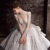 High Neck Illusion Deep V Long Sleeve Full Rhinestone Glitter Tulle Ball Gown Wedding Dress With Side Big Bow Bridal Gown