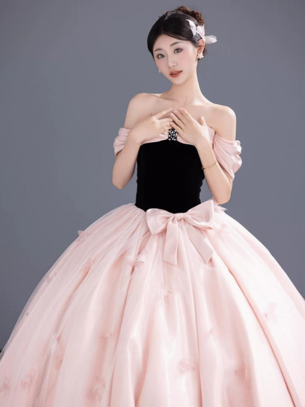Sweet 16 Dress Black Bodice Pink Floral Ball Gown Elegant Off Shoulder Birthday Quince Dress