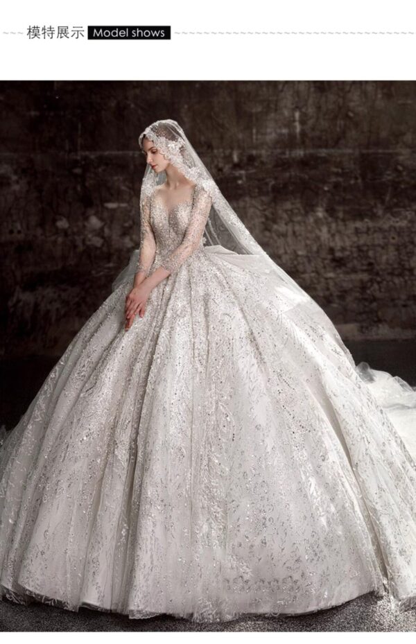 High Neck Illusion Deep V Long Sleeve Full Rhinestone Glitter Tulle Ball Gown Wedding Dress With Side Big Bow Bridal Gown