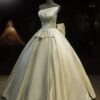 One Shoulder Draped Satin Ball Gown Wedding Dress Large Back Bow Minimalist Ivory Bridal Gown With Train