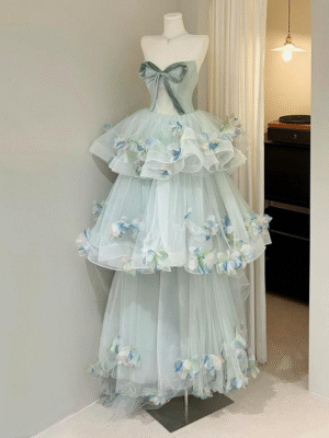 Sweet 16 Dress Mint Green Strapless 3D Butterfly Ruffle Tiered Tulle Ball Gown