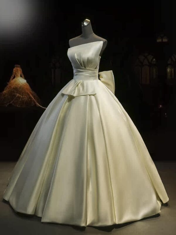 One Shoulder Draped Satin Ball Gown Wedding Dress Large Back Bow Minimalist Ivory Bridal Gown With Train
