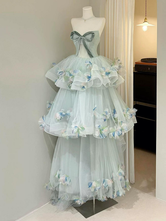 Sweet 16 Dress Mint Green Strapless 3D Butterfly Ruffle Tiered Tulle Ball Gown