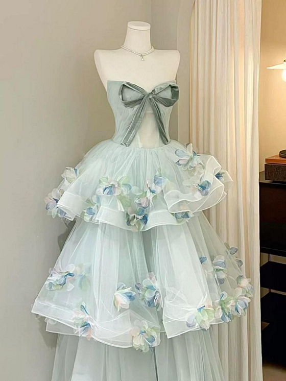 Sweet 16 Dress Mint Green Strapless 3D Butterfly Ruffle Tiered Tulle Ball Gown