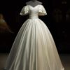 Off Shoulder Ruffle Short Sleeve Pleated Satin Ball Gown Wedding Dress Minimalist Ivory Bridal Gown With Train