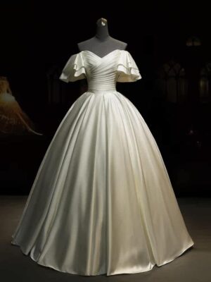 Off Shoulder Ruffle Short Sleeve Pleated Satin Ball Gown Wedding Dress Minimalist Ivory Bridal Gown With Train