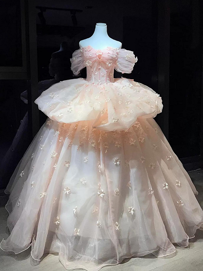 Sweet 16 Dress Blush Pink Off Shoulder Puff Sleeve 3D Floral Tulle Puffy Ball Gown