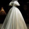 Off Shoulder Ruffle Short Sleeve Pleated Satin Ball Gown Wedding Dress Minimalist Ivory Bridal Gown With Train