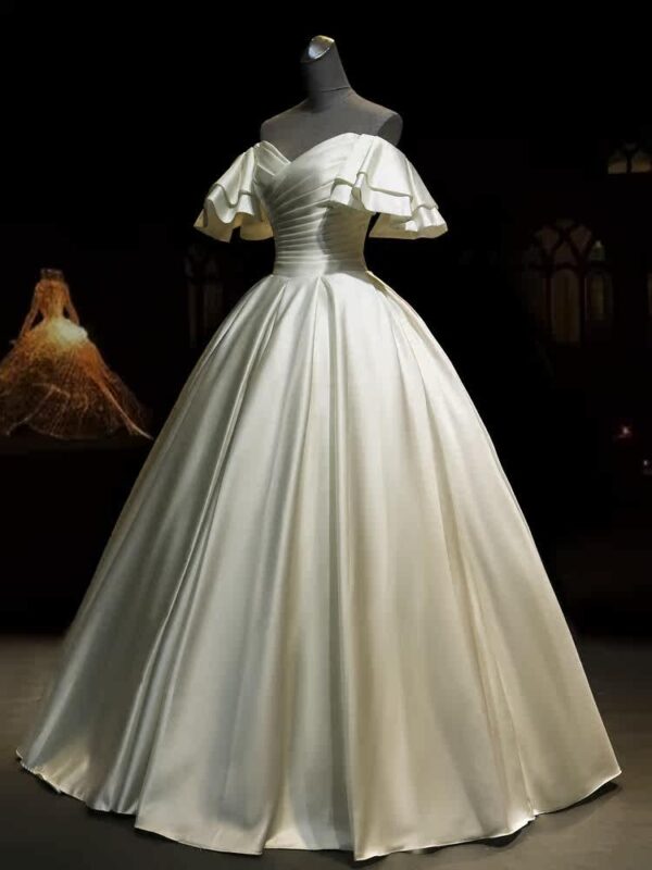 Off Shoulder Ruffle Short Sleeve Pleated Satin Ball Gown Wedding Dress Minimalist Ivory Bridal Gown With Train