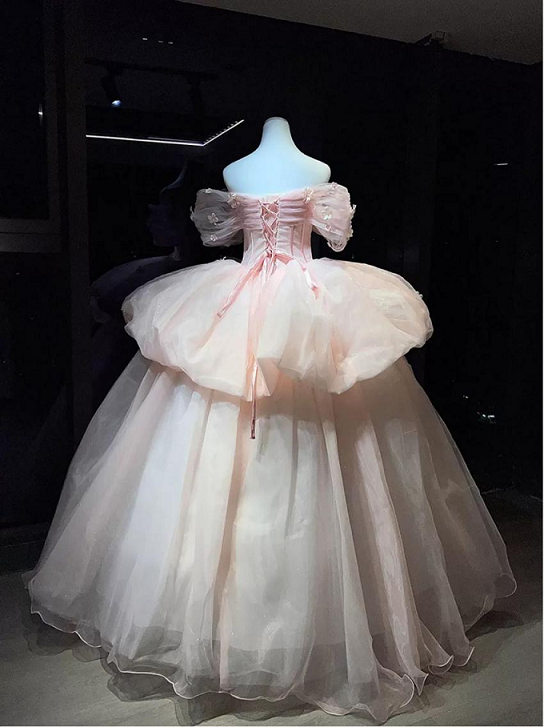 Sweet 16 Dress Blush Pink Off Shoulder Puff Sleeve 3D Floral Tulle Puffy Ball Gown