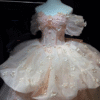 Sweet 16 Dress Blush Pink Off Shoulder Puff Sleeve 3D Floral Tulle Puffy Ball Gown