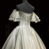 Off Shoulder Ruffle Short Sleeve Pleated Satin Ball Gown Wedding Dress Minimalist Ivory Bridal Gown With Train