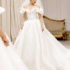 Ivory Off Shoulder Sweetheart Ruffle Sleeve Satin Ball Gown Wedding Dress