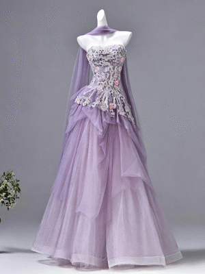 Sweet 16 Dress Sparkly Lavender Ruffled Tulle Gown Floral Embroidery Cape Quinceanera Dress