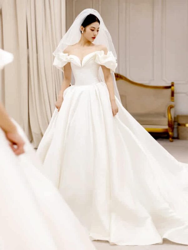 Ivory Off Shoulder Sweetheart Ruffle Sleeve Satin Ball Gown Wedding Dress