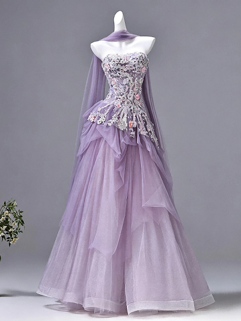 Sweet 16 Dress Sparkly Lavender Ruffled Tulle Gown Floral Embroidery Cape Quinceanera Dress
