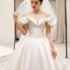 Ivory Off Shoulder Sweetheart Ruffle Sleeve Satin Ball Gown Wedding Dress