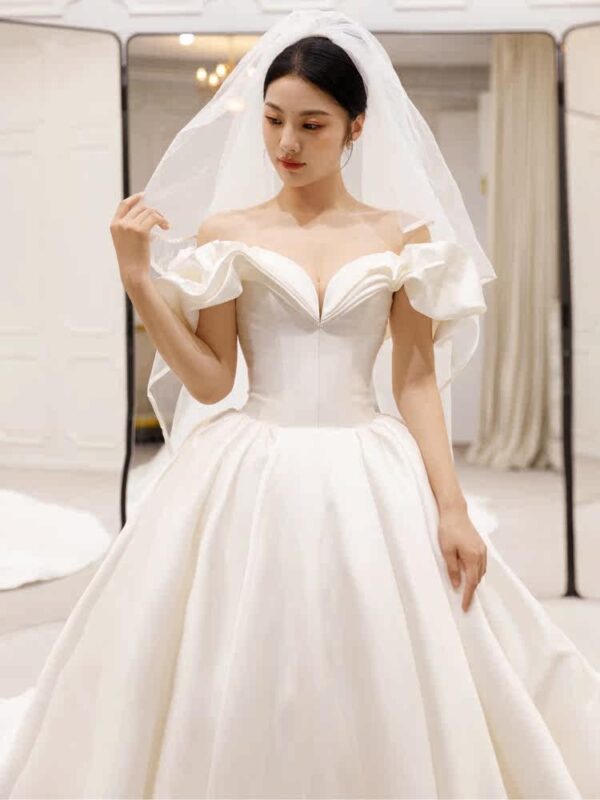 Ivory Off Shoulder Sweetheart Ruffle Sleeve Satin Ball Gown Wedding Dress