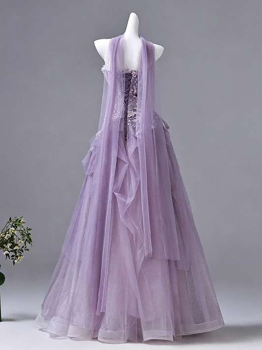 Sweet 16 Dress Sparkly Lavender Ruffled Tulle Gown Floral Embroidery Cape Quinceanera Dress
