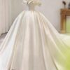 Ivory Off Shoulder Sweetheart Ruffle Sleeve Satin Ball Gown Wedding Dress