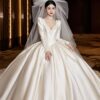 Ivory Deep V Lace Long Sleeve Glossy Satin Ball Gown Wedding Dress