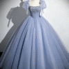 Sweet 16 Dress Dusty Blue Puff Sleeve Beaded Corset Sparkly Tulle Ball Gown