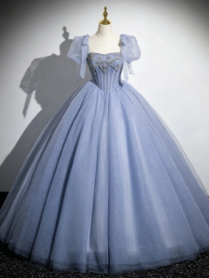 Sweet 16 Dress Dusty Blue Puff Sleeve Beaded Corset Sparkly Tulle Ball Gown