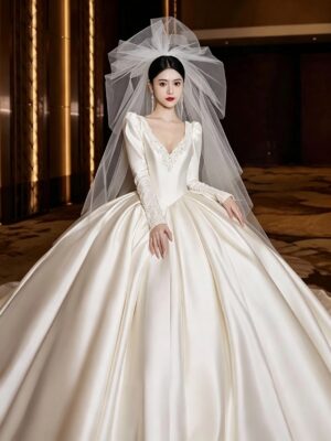 Ivory Deep V Lace Long Sleeve Glossy Satin Ball Gown Wedding Dress