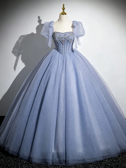 Sweet 16 Dress Dusty Blue Puff Sleeve Beaded Corset Sparkly Tulle Ball Gown