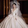Ivory Deep V Lace Long Sleeve Glossy Satin Ball Gown Wedding Dress