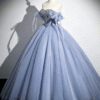 Sweet 16 Dress Dusty Blue Puff Sleeve Beaded Corset Sparkly Tulle Ball Gown