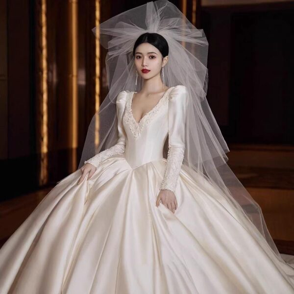 Ivory Deep V Lace Long Sleeve Glossy Satin Ball Gown Wedding Dress