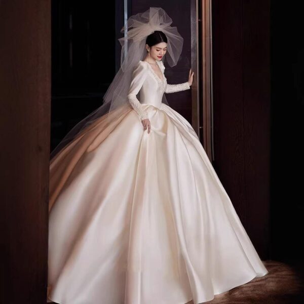 Ivory Deep V Lace Long Sleeve Glossy Satin Ball Gown Wedding Dress