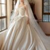 Ivory Strapless Asymmetric Draped Satin Ball Gown Wedding Dress
