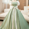 Sweet 16 Dress Sage Green Satin Square Neck Puff Sleeve White Big Bow Ball Gown
