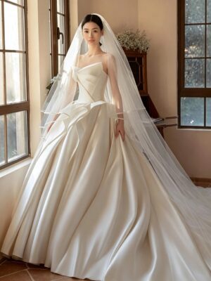 Ivory Strapless Asymmetric Draped Satin Ball Gown Wedding Dress