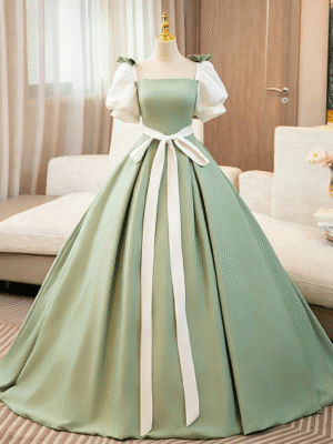 Sweet 16 Dress Sage Green Satin Square Neck Puff Sleeve White Big Bow Ball Gown