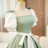 Sweet 16 Dress Sage Green Satin Square Neck Puff Sleeve White Big Bow Ball Gown