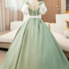 Sweet 16 Dress Sage Green Satin Square Neck Puff Sleeve White Big Bow Ball Gown