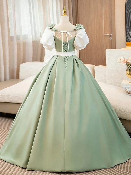 Sweet 16 Dress Sage Green Satin Square Neck Puff Sleeve White Big Bow Ball Gown