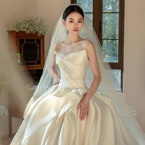 Ivory Strapless Asymmetric Draped Satin Ball Gown Wedding Dress