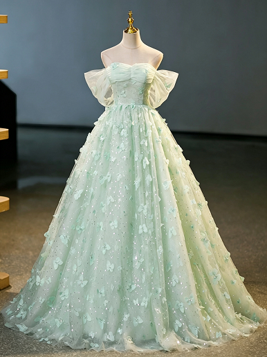 Sweet 16 Dress Mint Green Off Shoulder Ruffle Sleeve 3D Butterfly Glitter Tulle Ball Gown