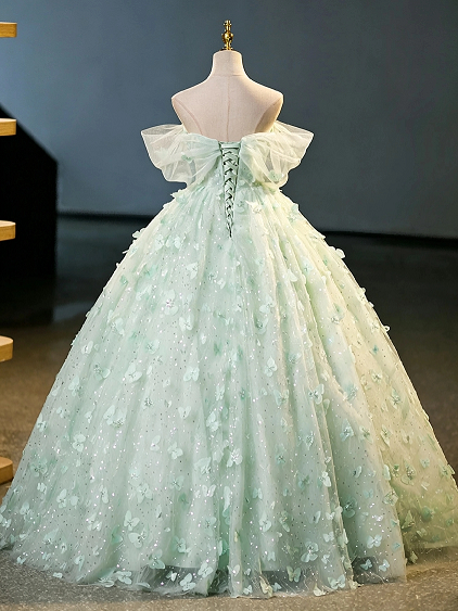Sweet 16 Dress Mint Green Off Shoulder Ruffle Sleeve 3D Butterfly Glitter Tulle Ball Gown