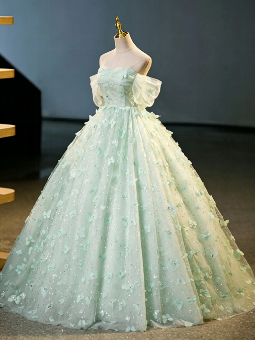 Sweet 16 Dress Mint Green Off Shoulder Ruffle Sleeve 3D Butterfly Glitter Tulle Ball Gown